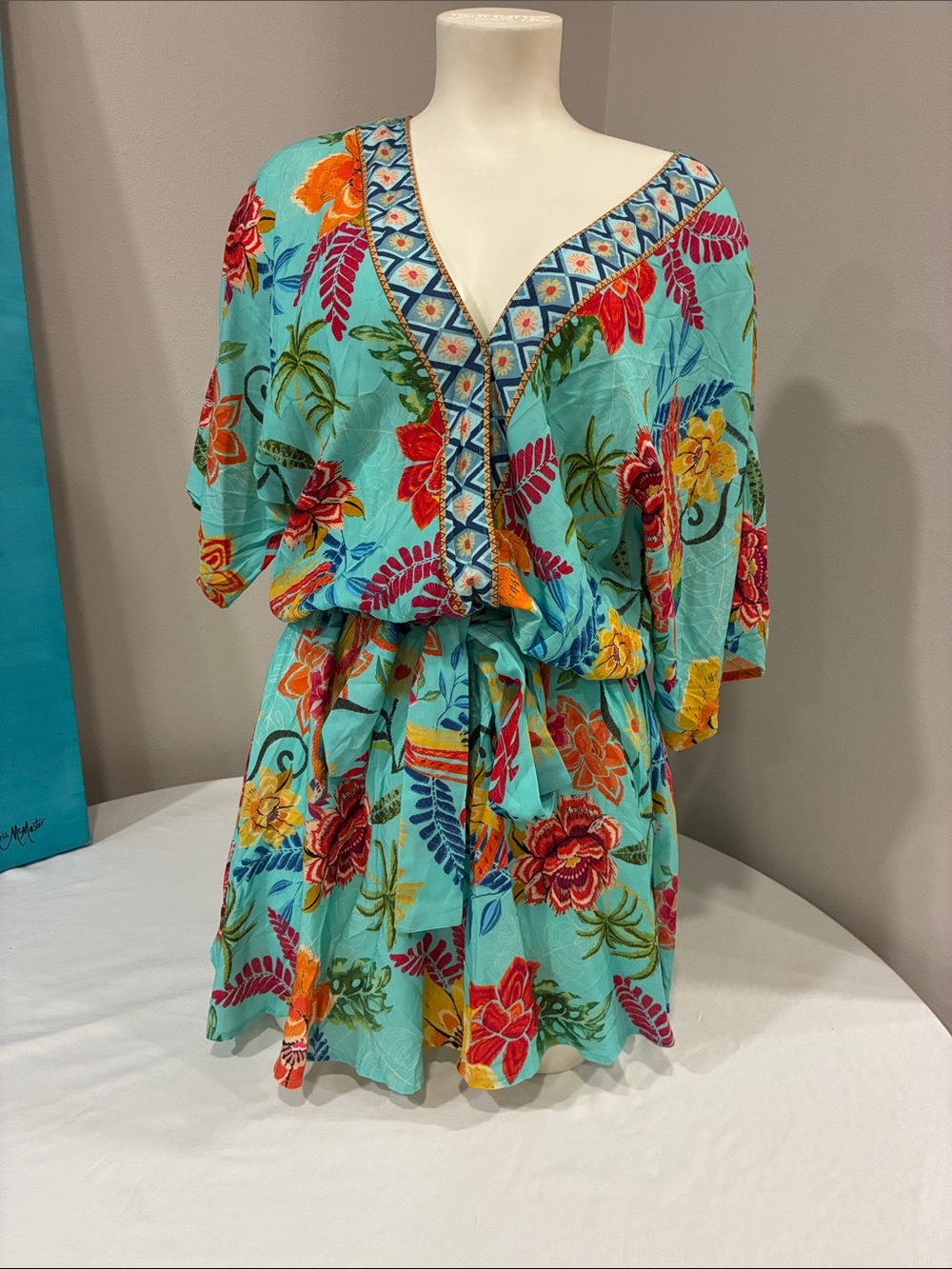 Turquoise Floral V-Neck Tunic Dress